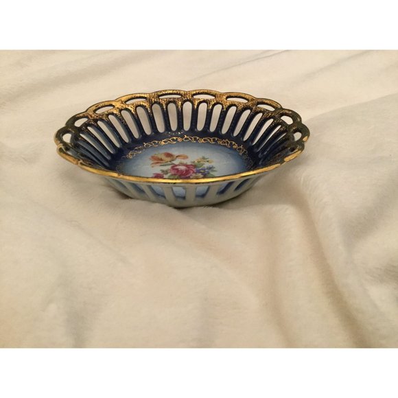 VINTAGE Real Cobalt Germany 10k gold Scalloped Lace Candy Dish - Picture 3 of 6